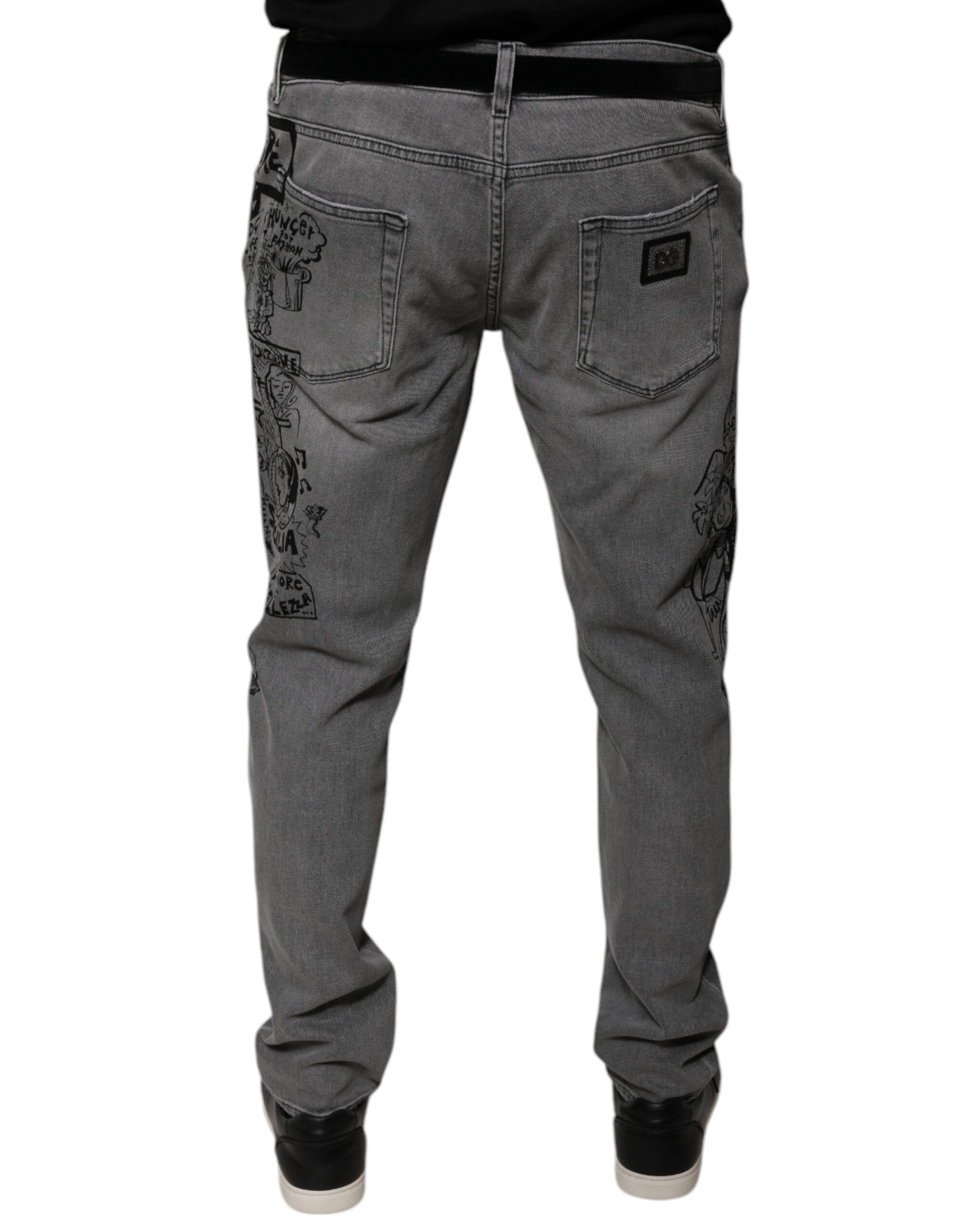 Dolce & Gabbana Grey Graphic Print Cotton Skinny Denim Jeans