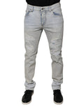 Dolce & Gabbana Light Blue Frayed Skinny Cotton Blend Denim Jeans