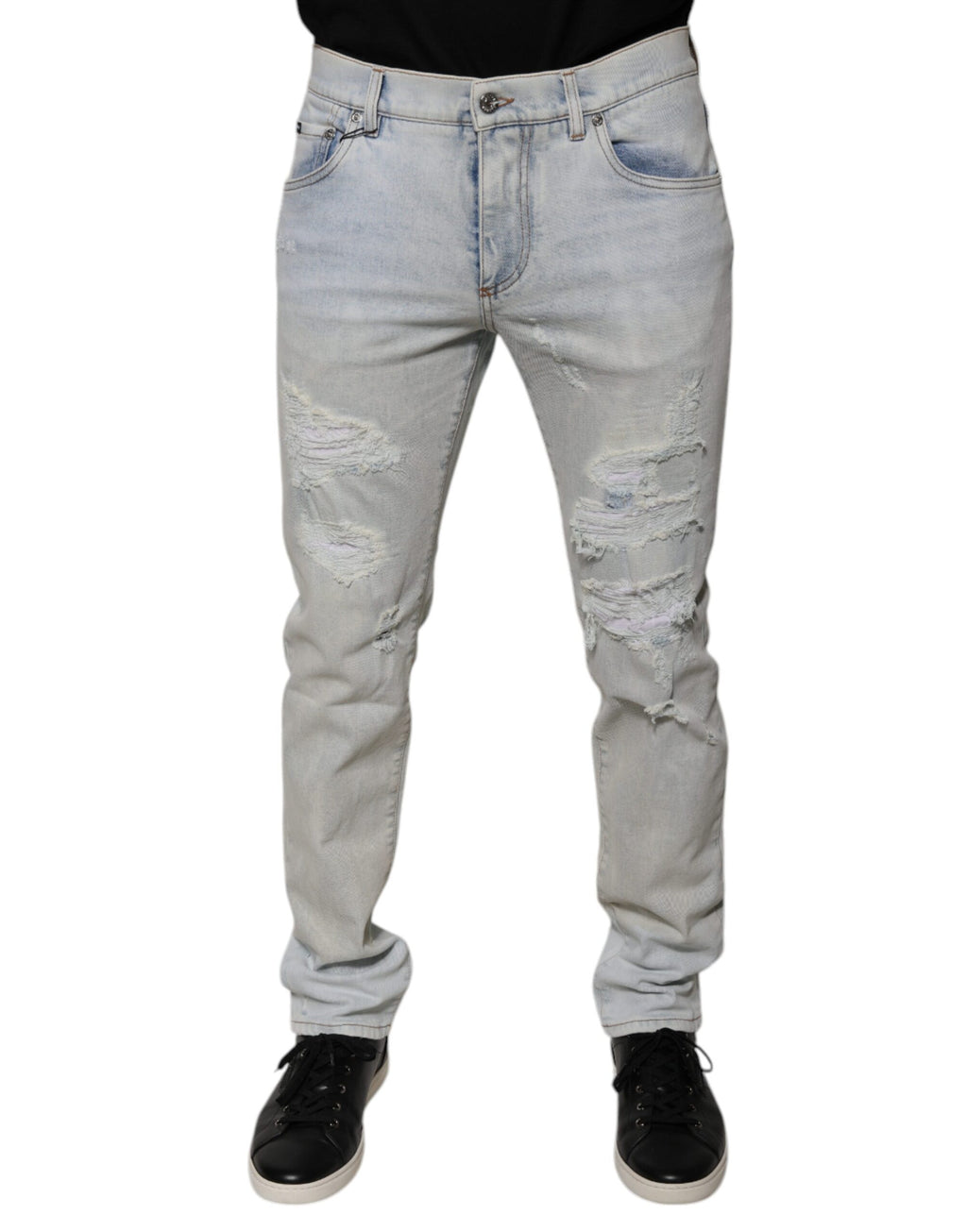 Dolce & Gabbana Light Blue Frayed Skinny Cotton Blend Denim Jeans
