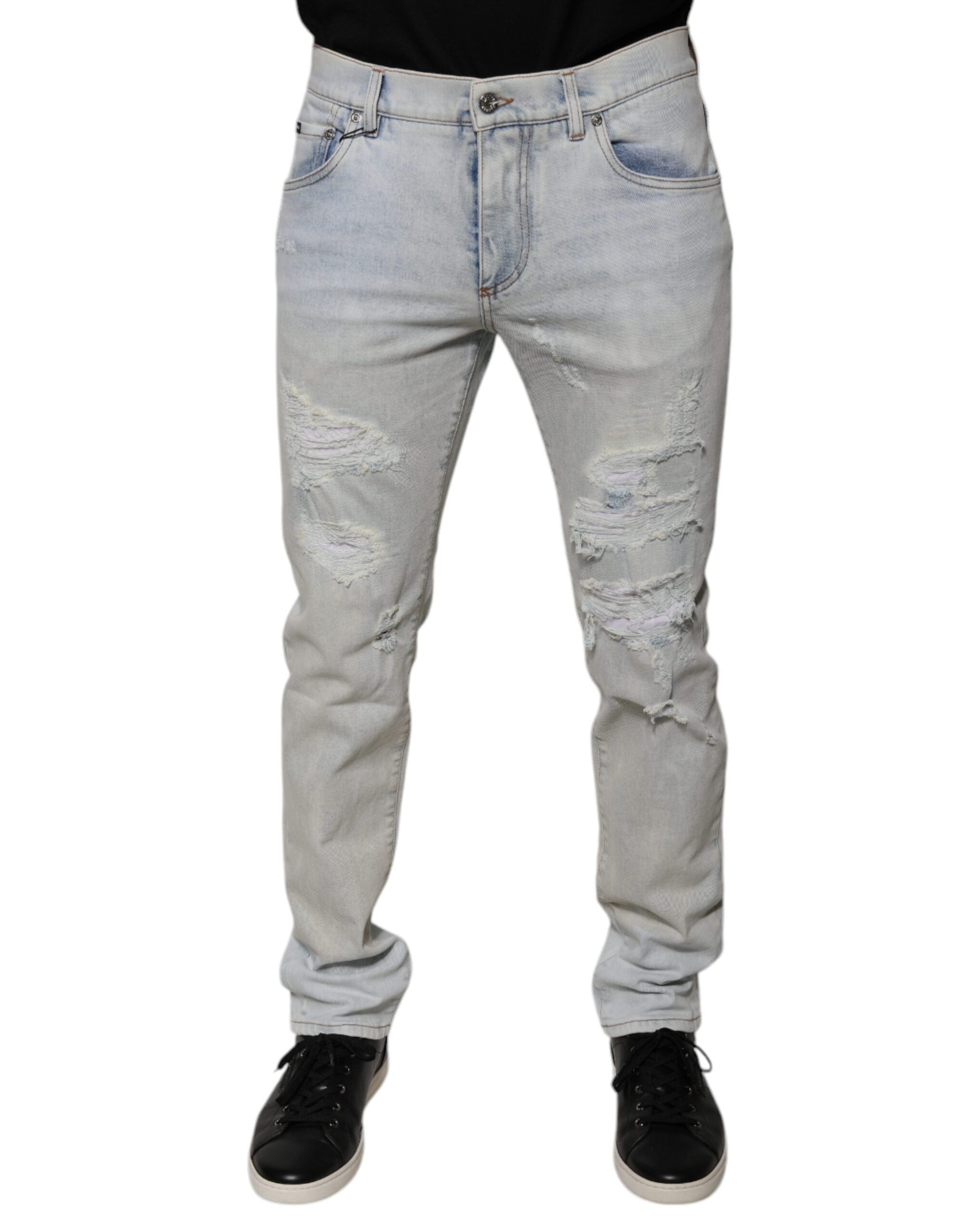 Dolce & Gabbana Light Blue Frayed Skinny Cotton Blend Denim Jeans