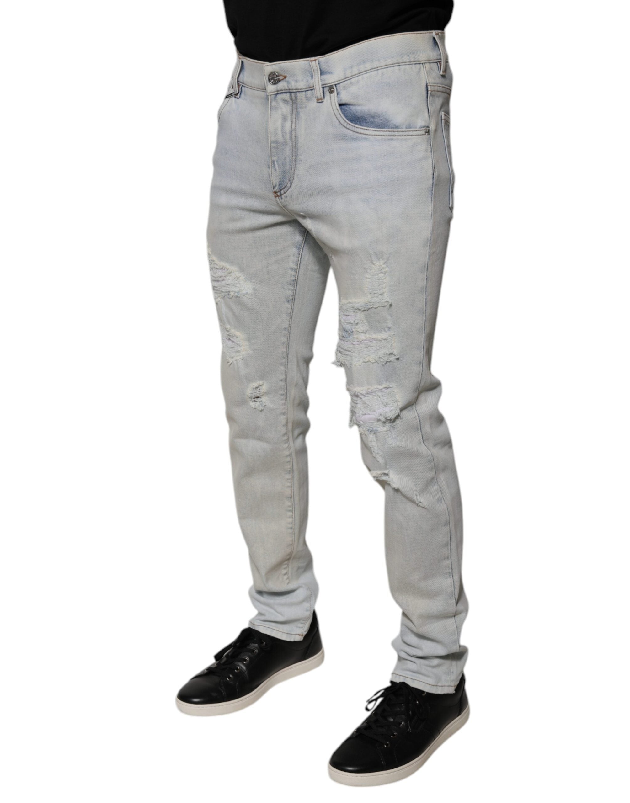 Dolce & Gabbana Light Blue Frayed Skinny Cotton Blend Denim Jeans