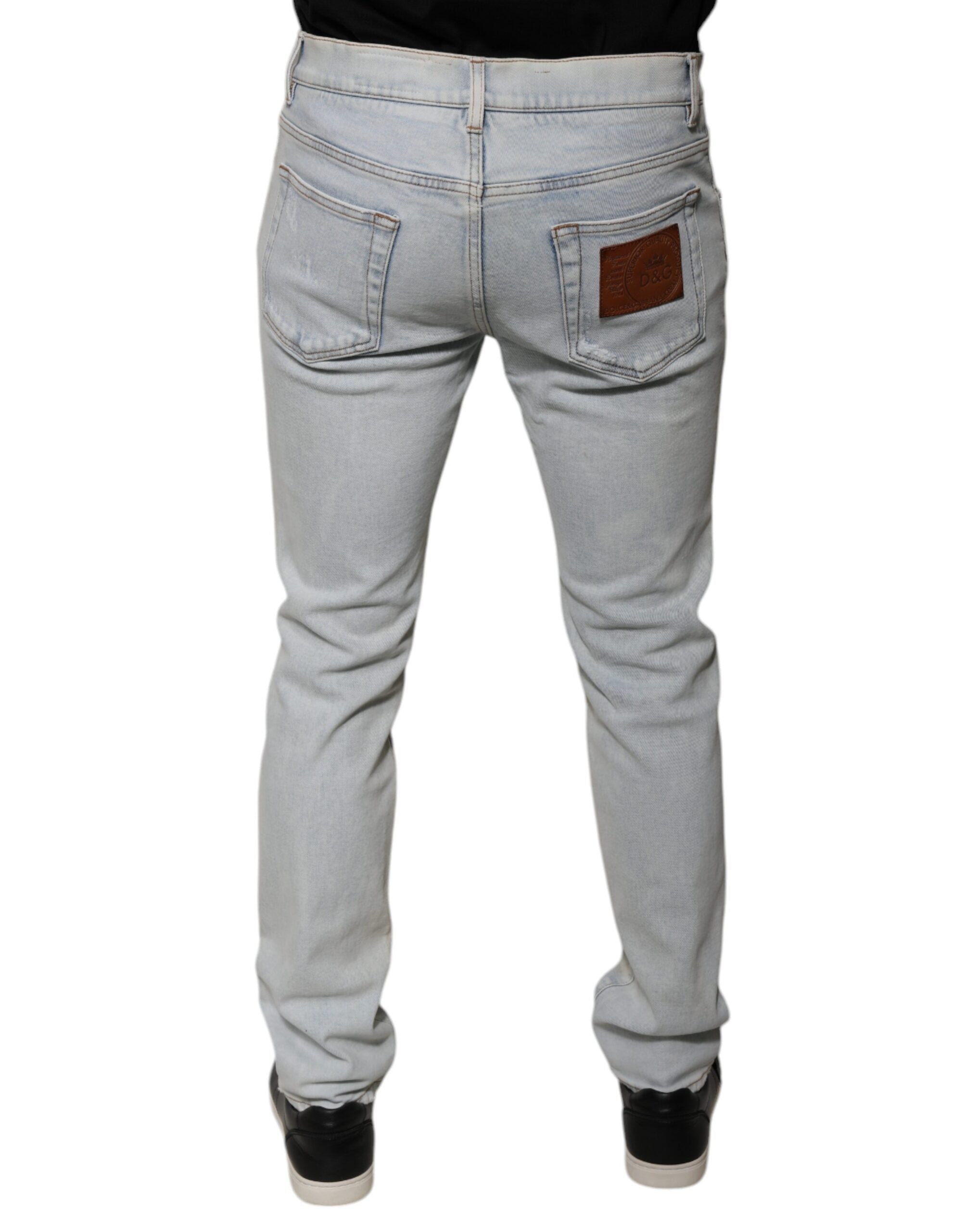 Dolce & Gabbana Light Blue Frayed Skinny Cotton Blend Denim Jeans