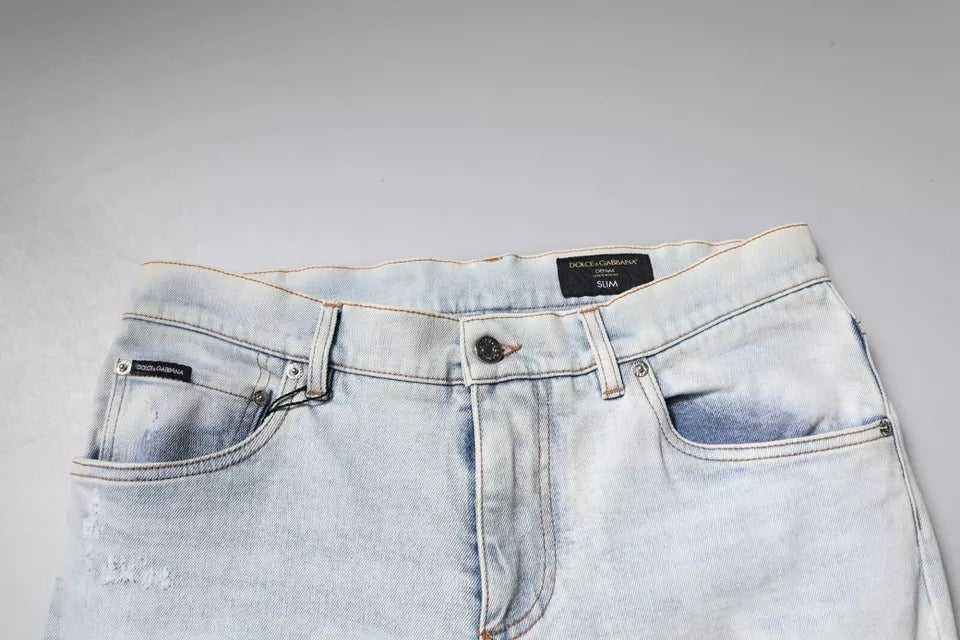 Dolce & Gabbana Light Blue Frayed Skinny Cotton Blend Denim Jeans