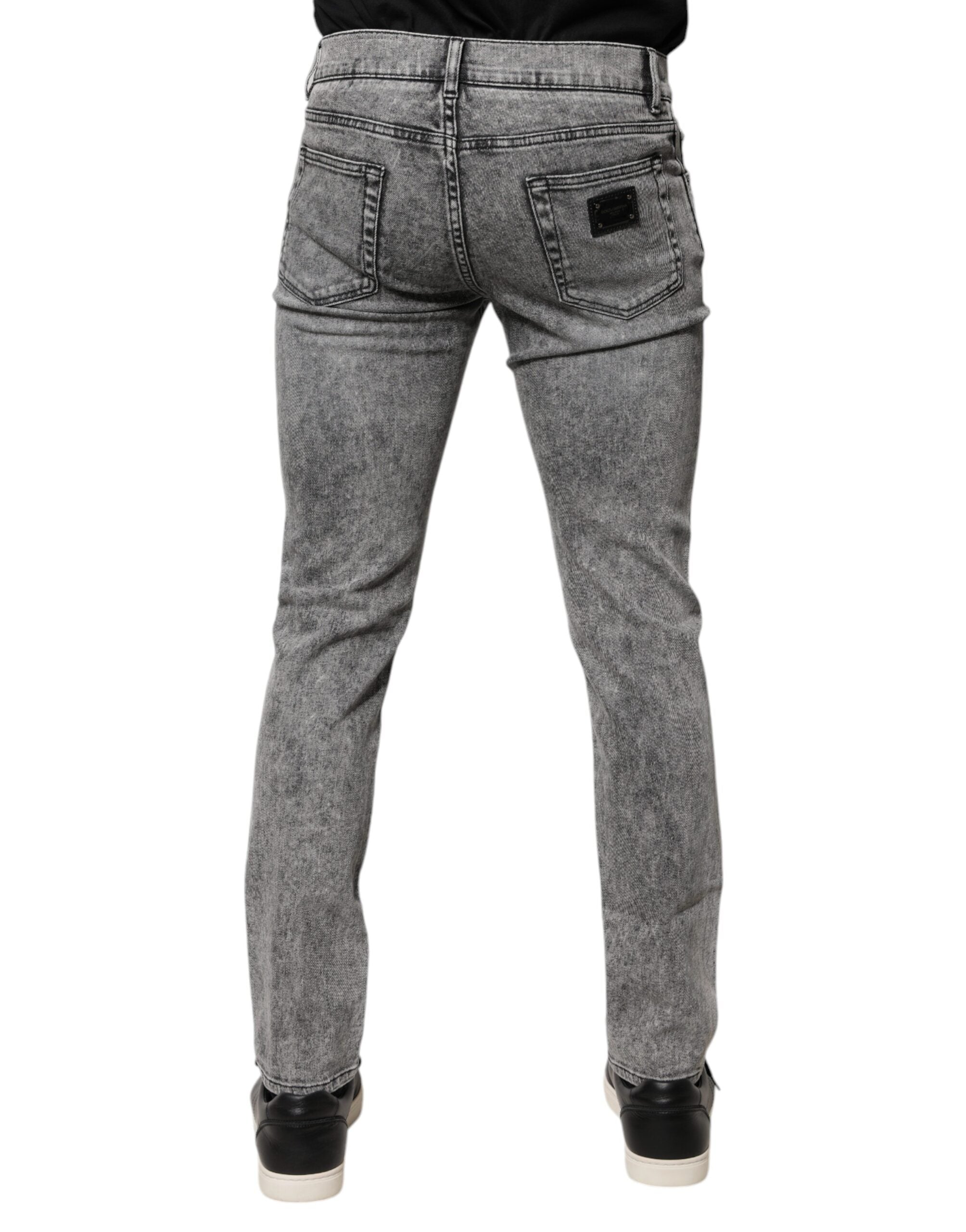 Dolce & Gabbana Graue Logo-Plakette Baumwolle Slim Fit Denim Jeans