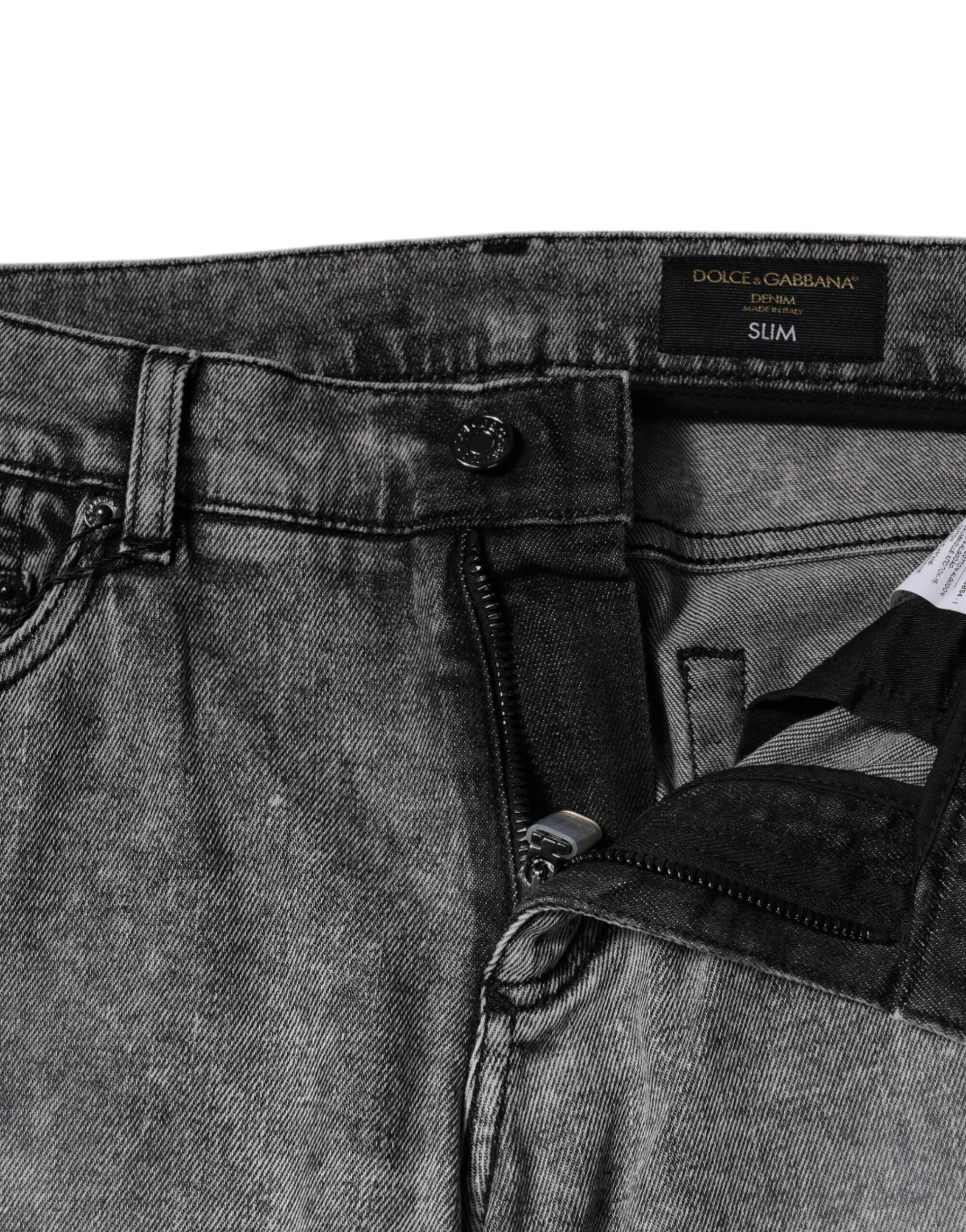 Dolce & Gabbana Graue Logo-Plakette Baumwolle Slim Fit Denim Jeans