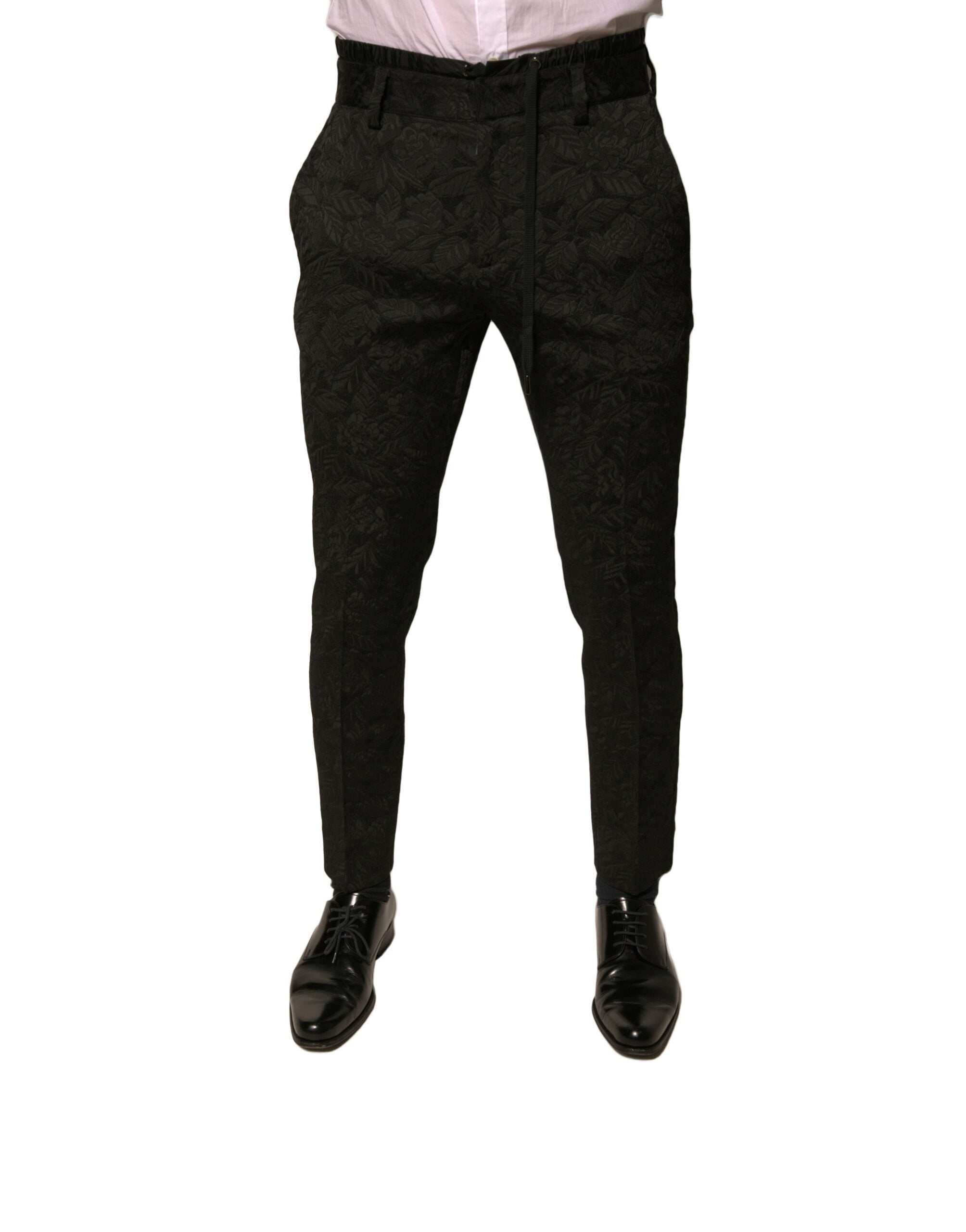 Dolce & Gabbana Black Brocade Polyester Skinny Men's Suit Trousers