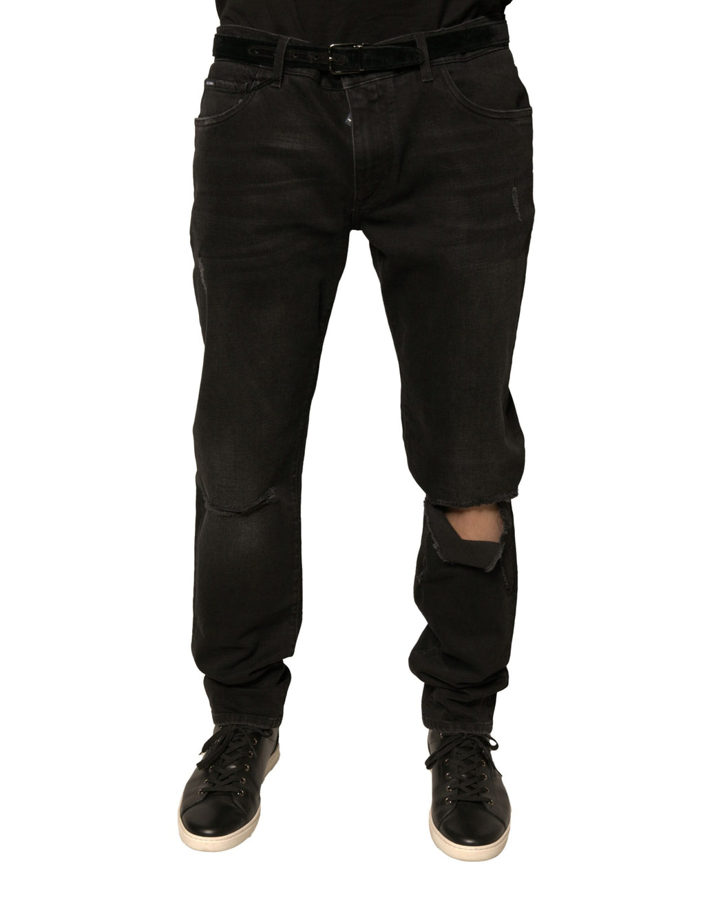 Dolce & Gabbana Black Distressed Logo Cotton Skinny Denim Jeans