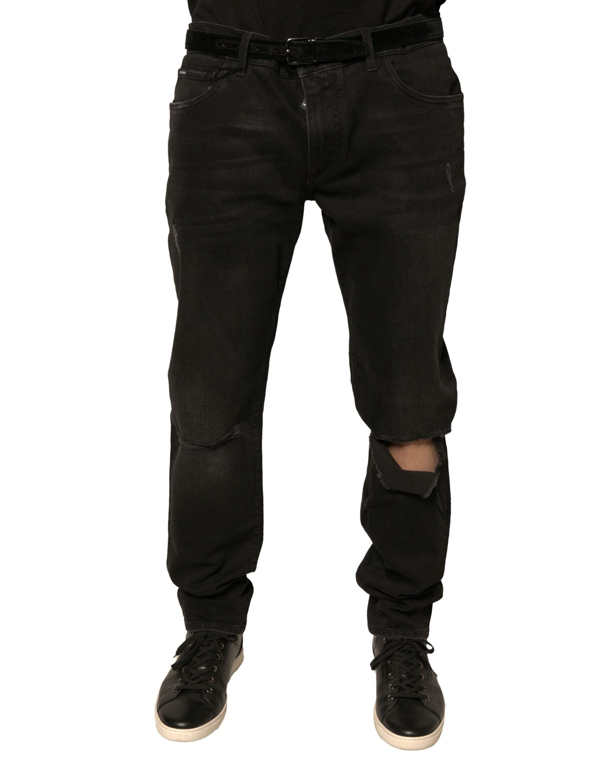 Dolce & Gabbana Black Distressed Logo Cotton Skinny Denim Jeans