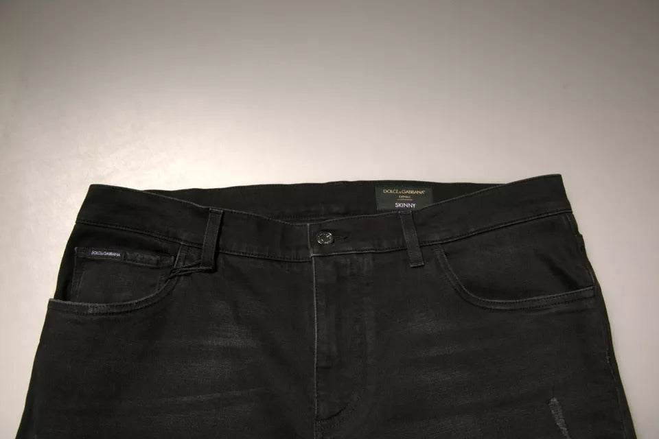 Dolce & Gabbana Black Distressed Logo Cotton Skinny Denim Jeans