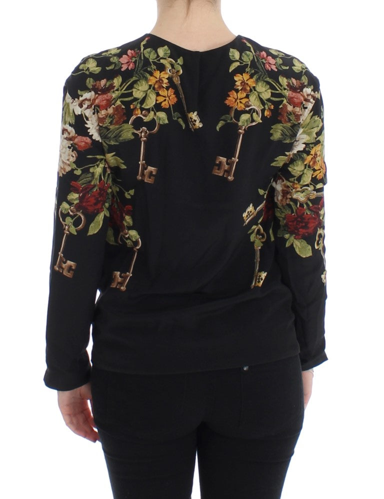 Dolce & Gabbana Black Floral Print Silk Blouse Top