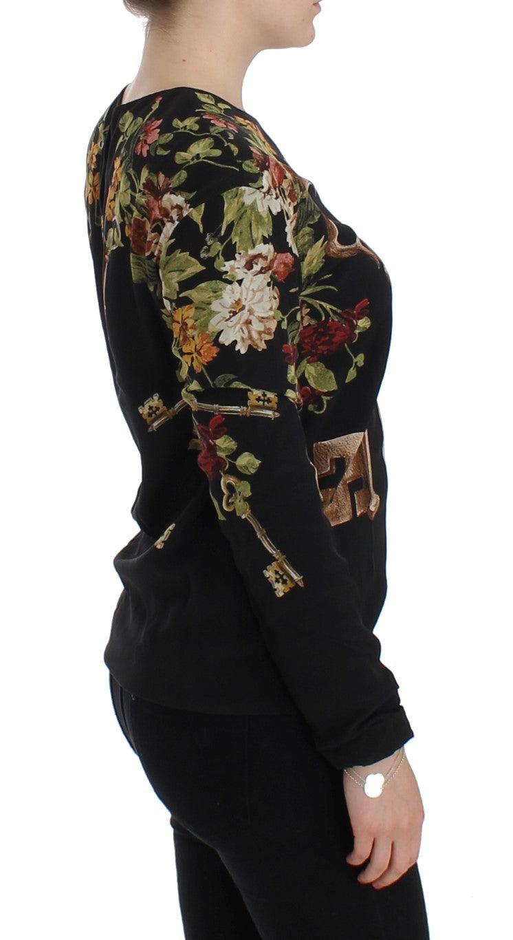 Dolce & Gabbana Black Floral Print Silk Blouse Top