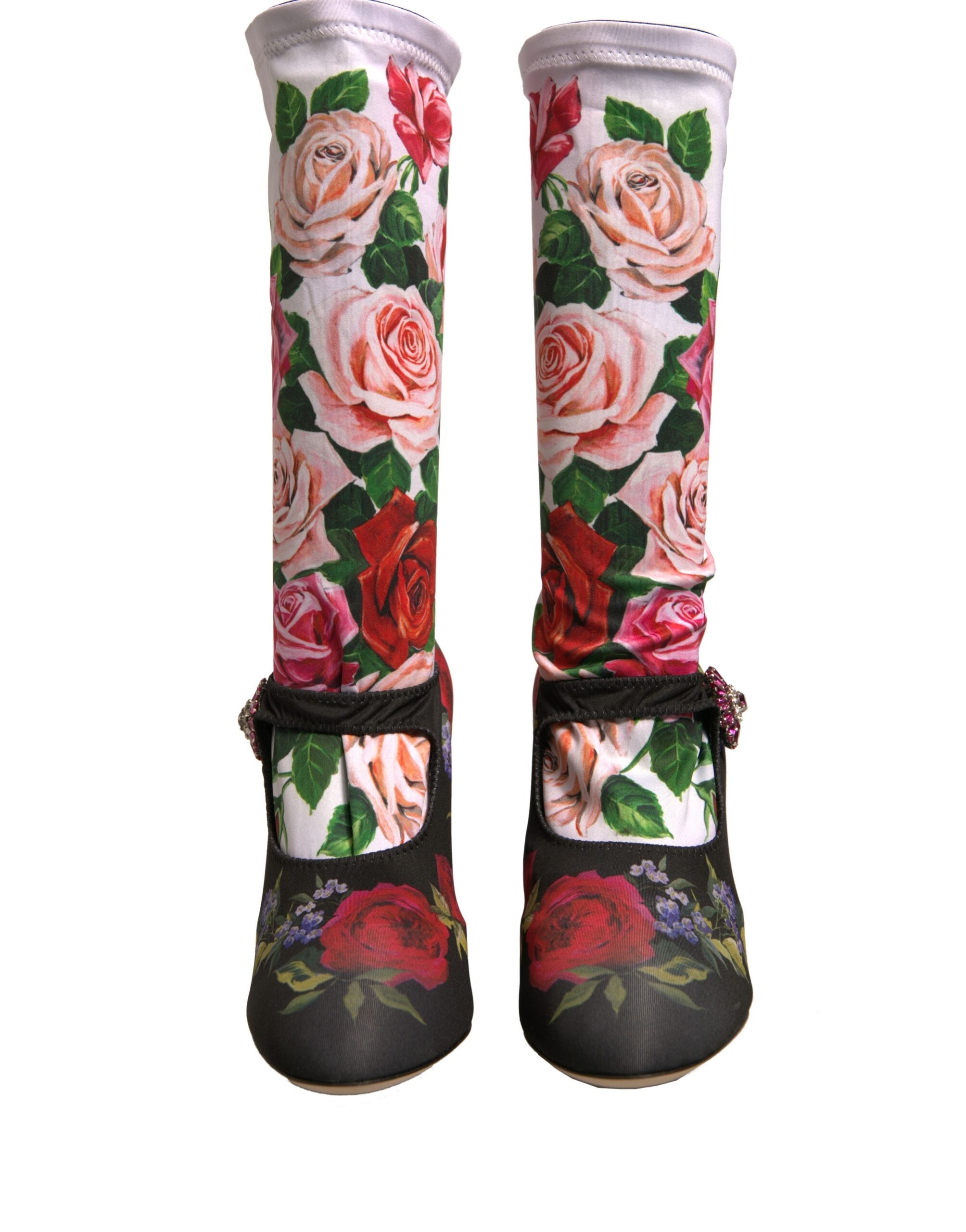 Dolce & Gabbana Black Floral Sock Crystal Boot Jersey Shoes