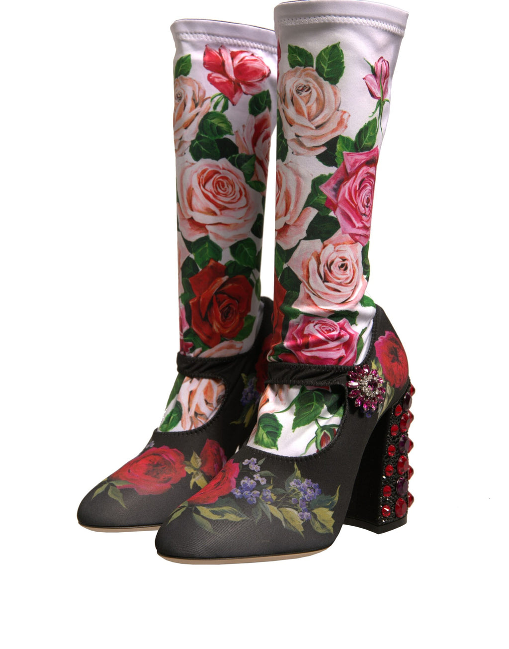 Dolce & Gabbana Black Floral Sock Crystal Boot Jersey Shoes