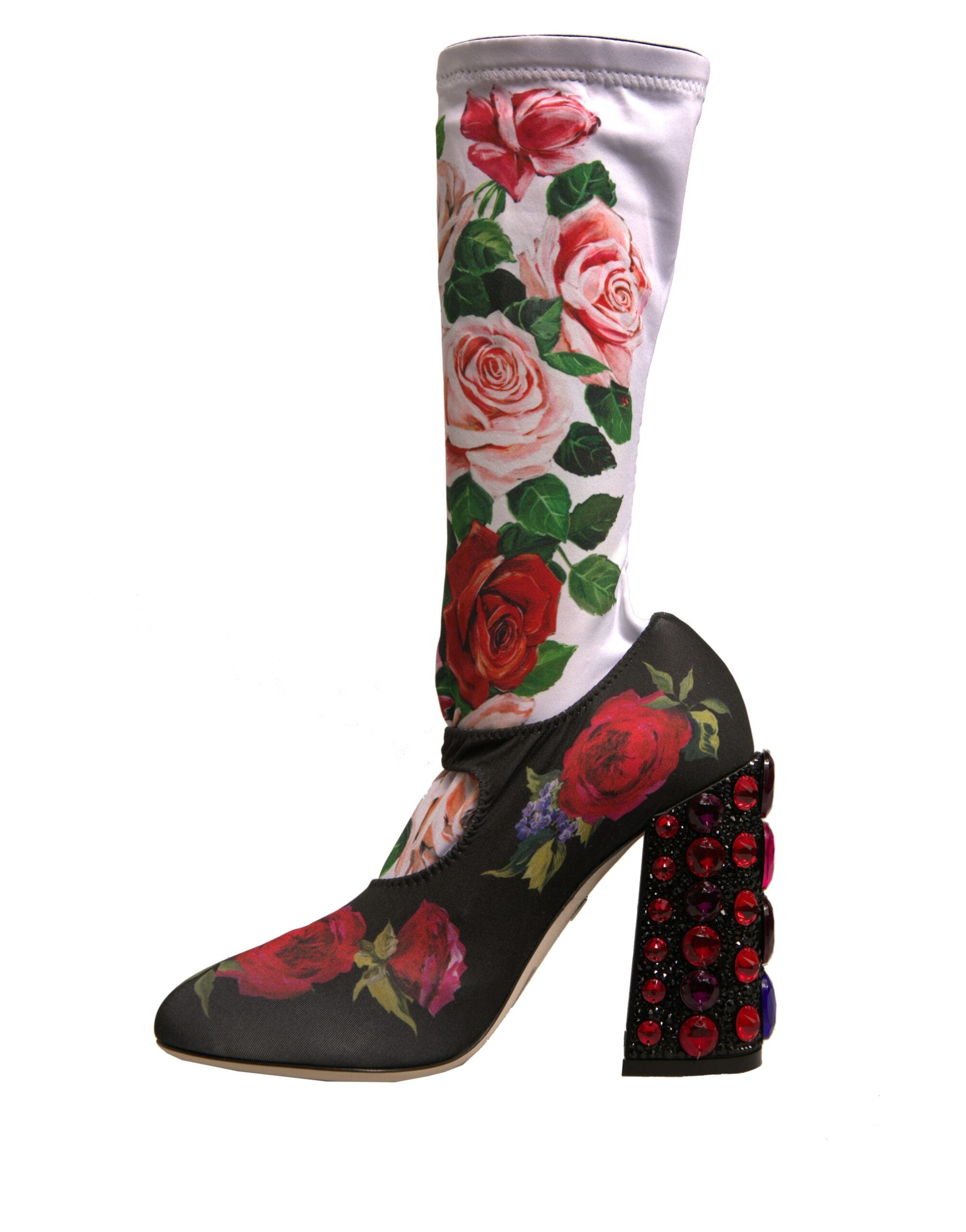 Dolce & Gabbana Black Floral Sock Crystal Boot Jersey Shoes