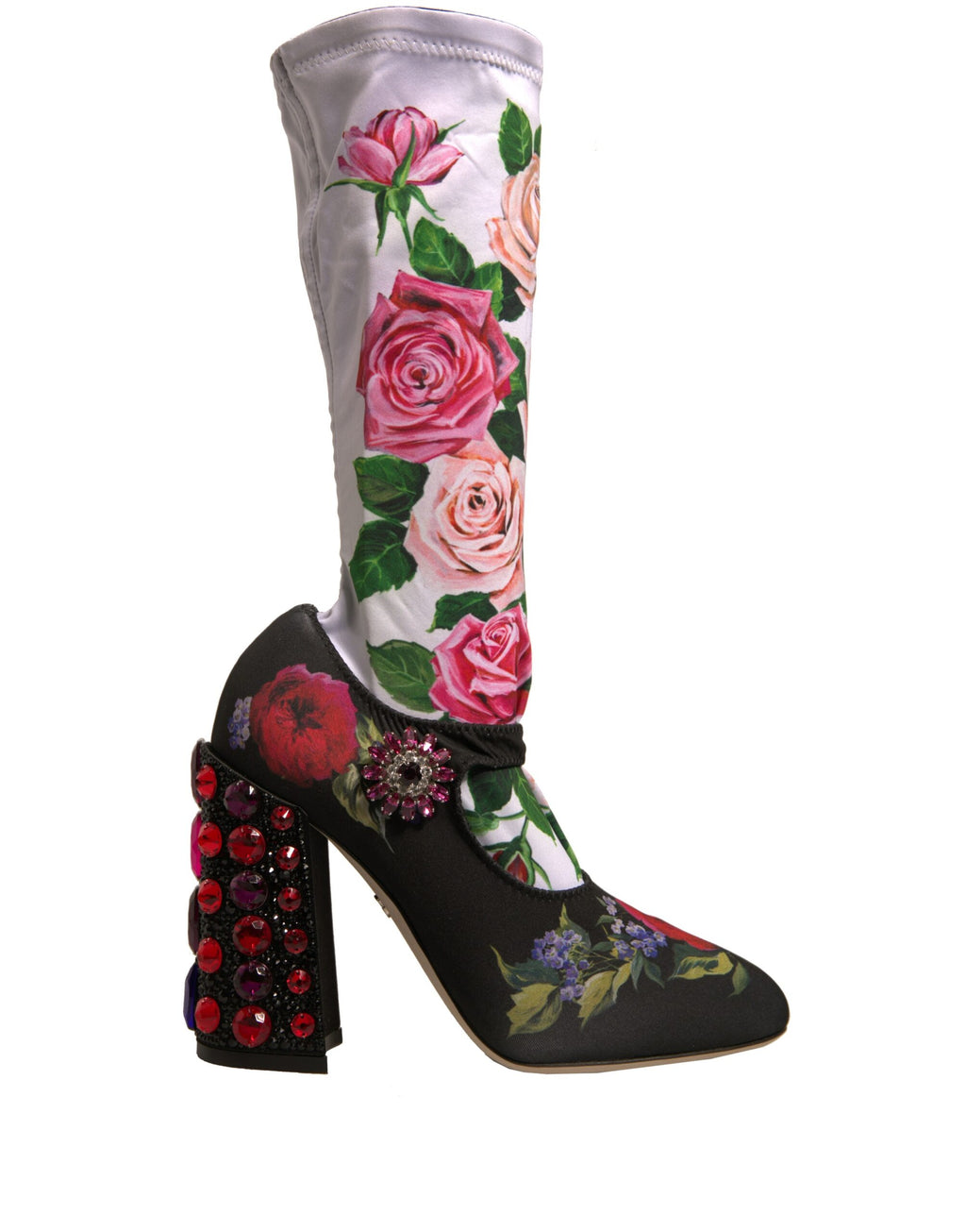 Dolce & Gabbana Black Floral Sock Crystal Boot Jersey Shoes