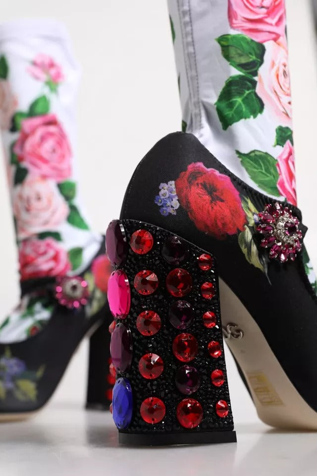 Dolce & Gabbana Black Floral Sock Crystal Boot Jersey Shoes