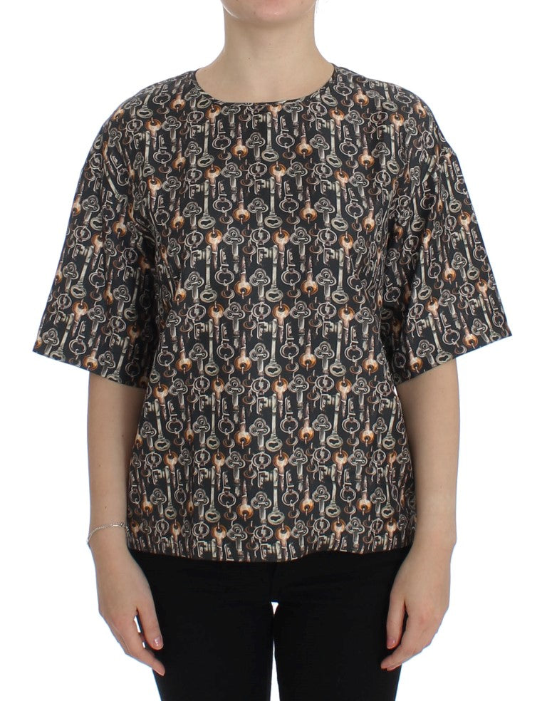 Dolce & Gabbana Graue Seidenbluse mit Goldschlüssel-Druck T-shirt