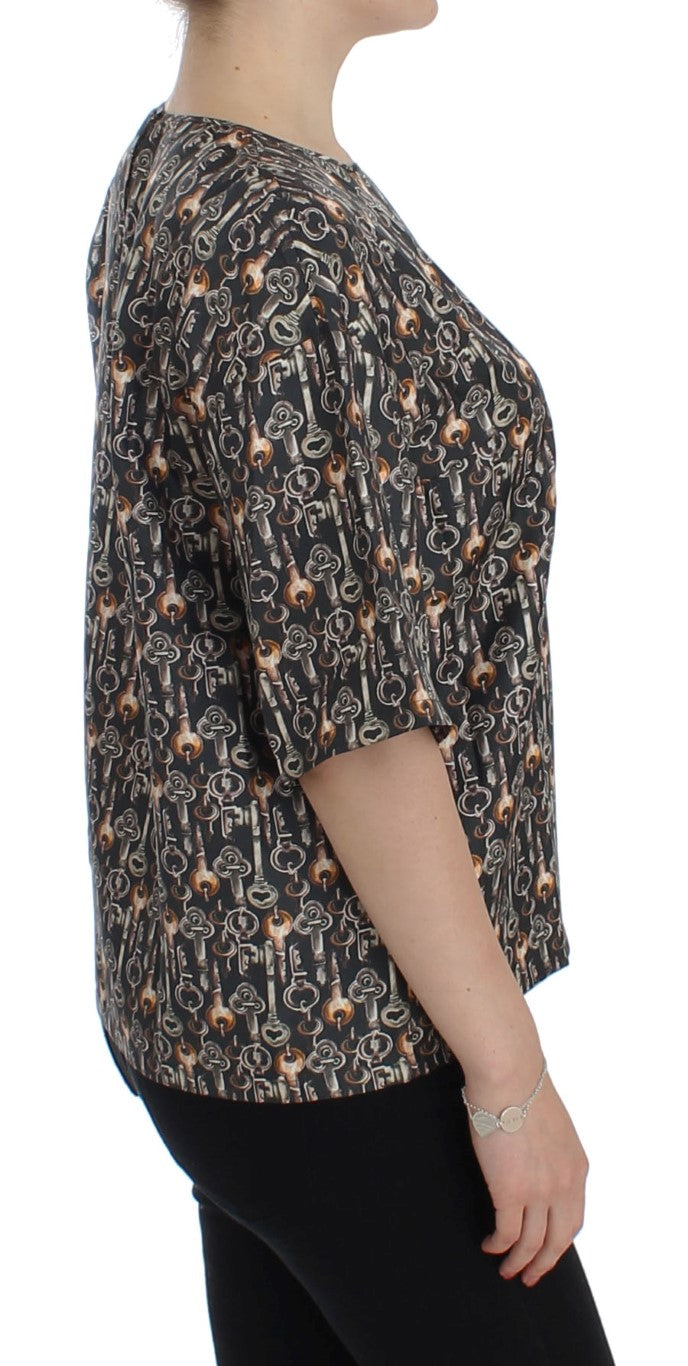 Dolce & Gabbana Graue Seidenbluse mit Goldschlüssel-Druck T-shirt