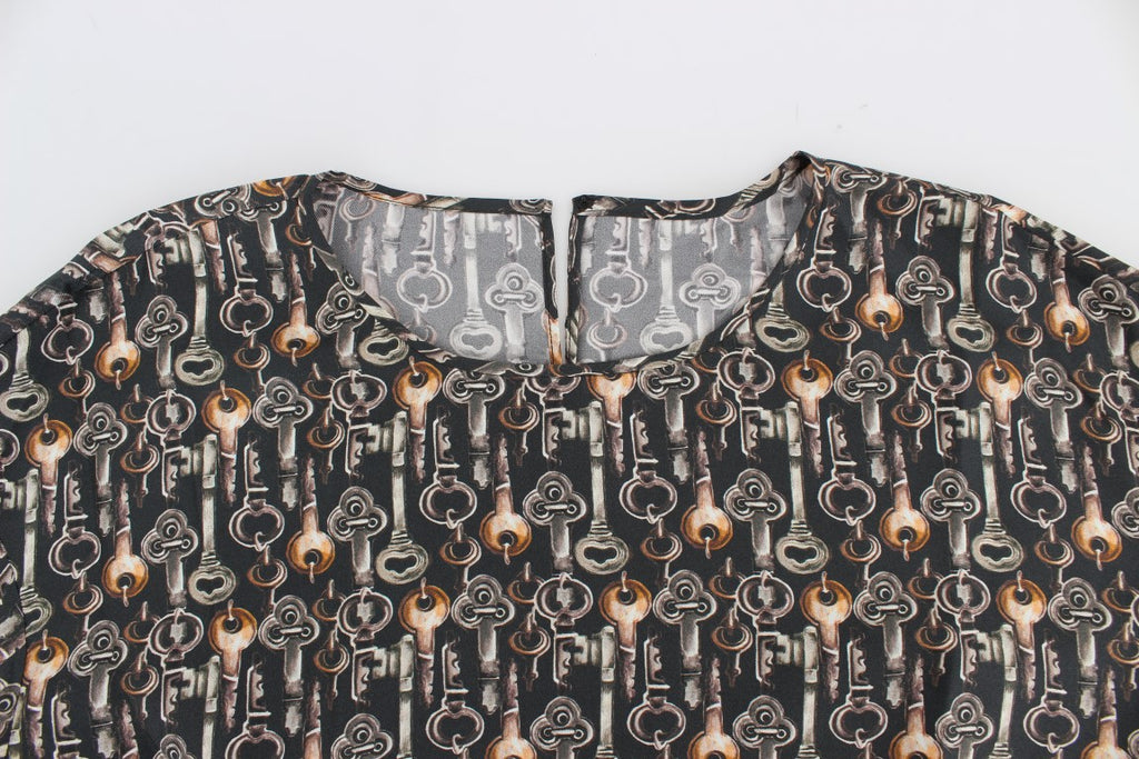Dolce & Gabbana Graue Seidenbluse mit Goldschlüssel-Druck T-shirt