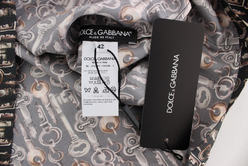 Dolce & Gabbana Graue Seidenbluse mit Goldschlüssel-Druck T-shirt