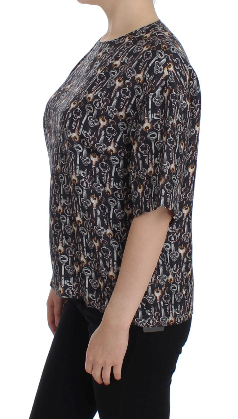 Dolce & Gabbana Graue Seidenbluse mit Goldschlüssel-Druck T-shirt