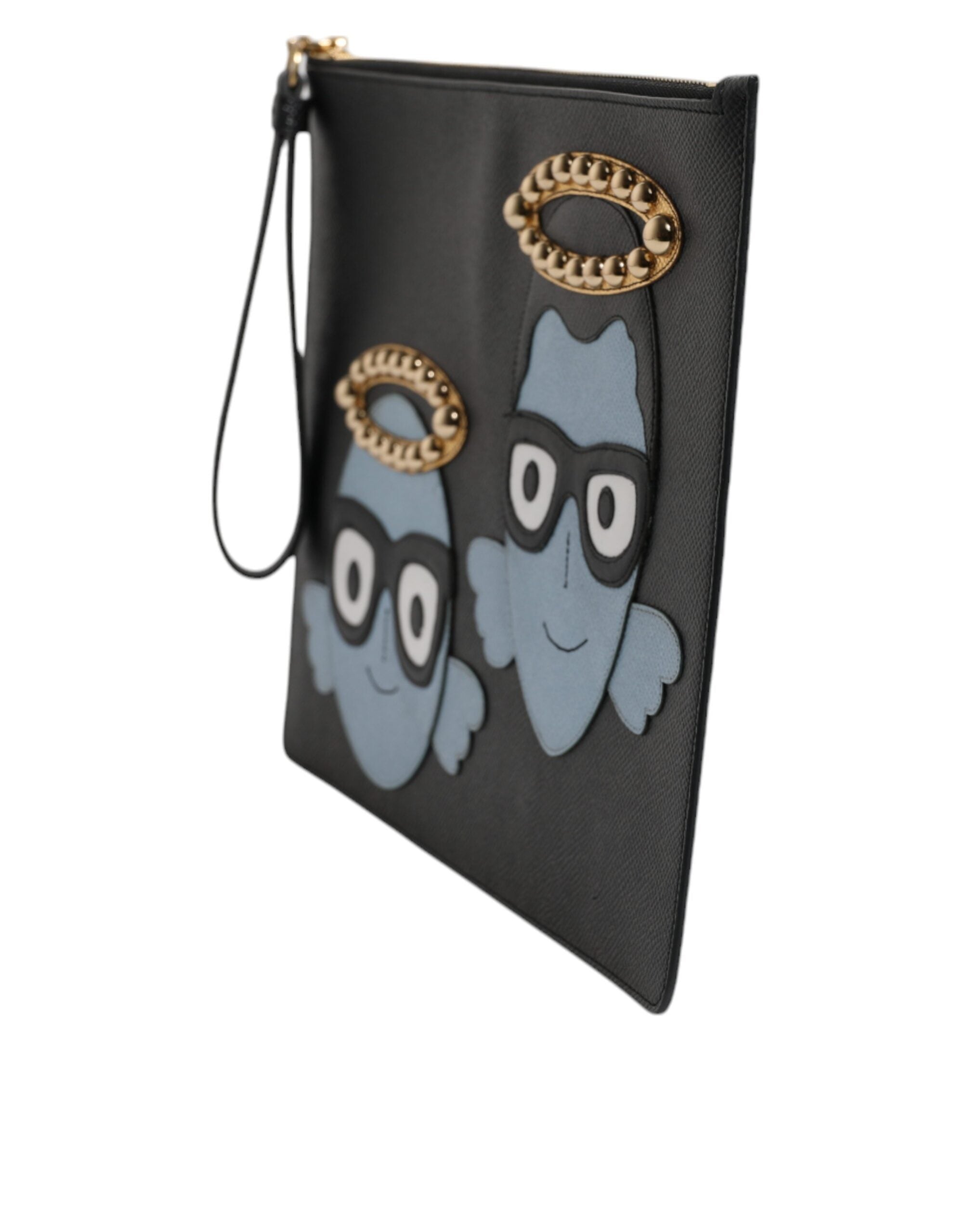 Dolce & Gabbana Black Leather #DGFAMILY Embellished Men's Zip Pouch Bag