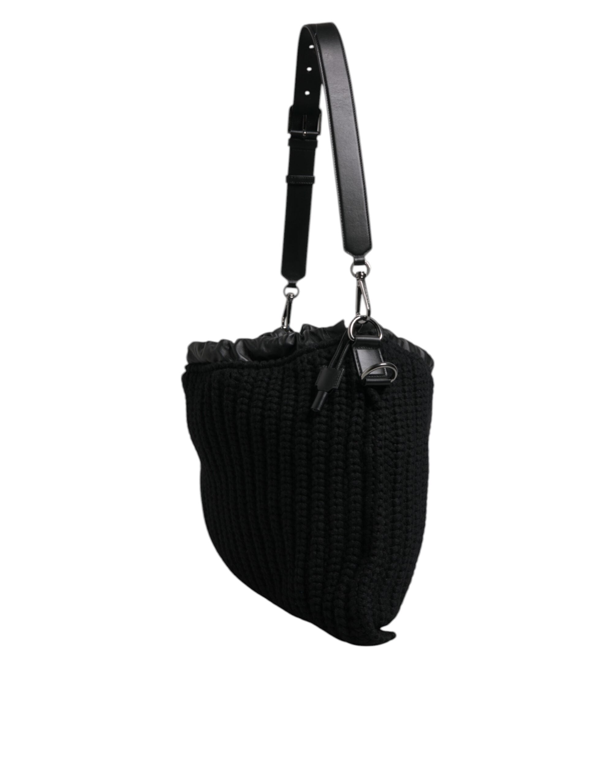 Dolce & Gabbana Black Leather Cross-Body Bag with Cashmere Knit