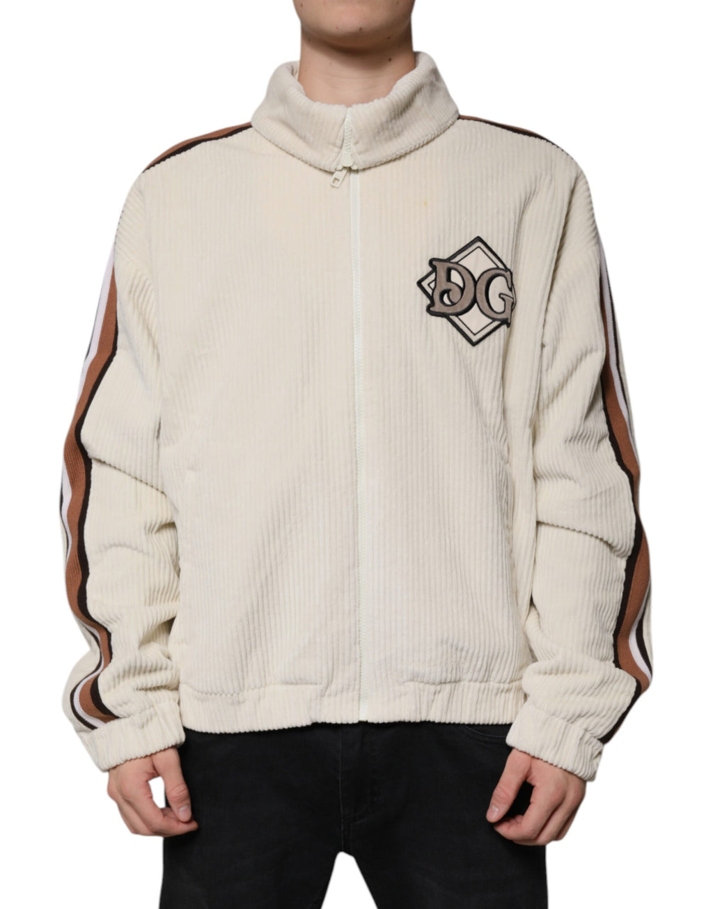 Dolce & Gabbana Beige Logo-Appliqué Cotton Corduroy Zip-Up Jacket