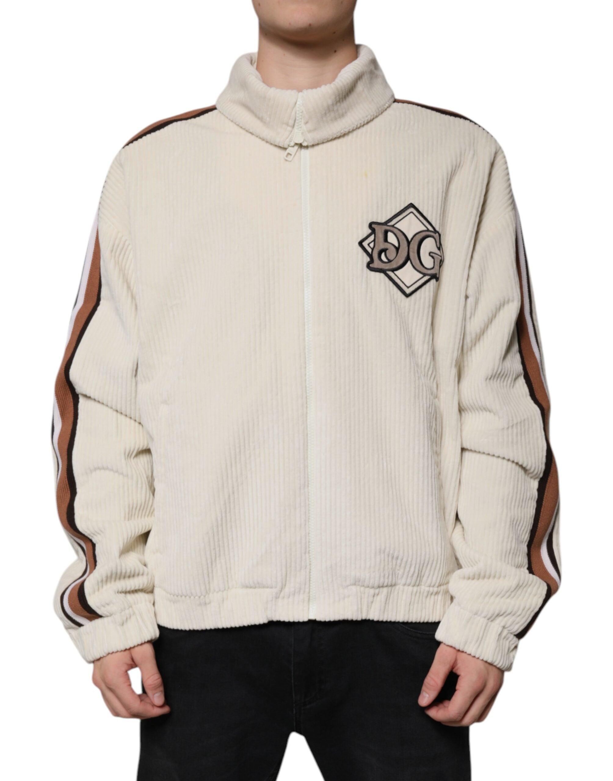 Dolce & Gabbana Beige Logo-Appliqué Cotton Corduroy Zip-Up Jacket