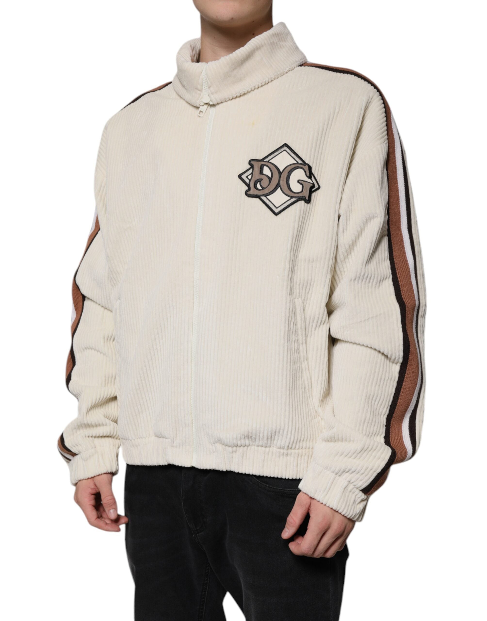 Dolce & Gabbana Beige Logo-Appliqué Cotton Corduroy Zip-Up Jacket