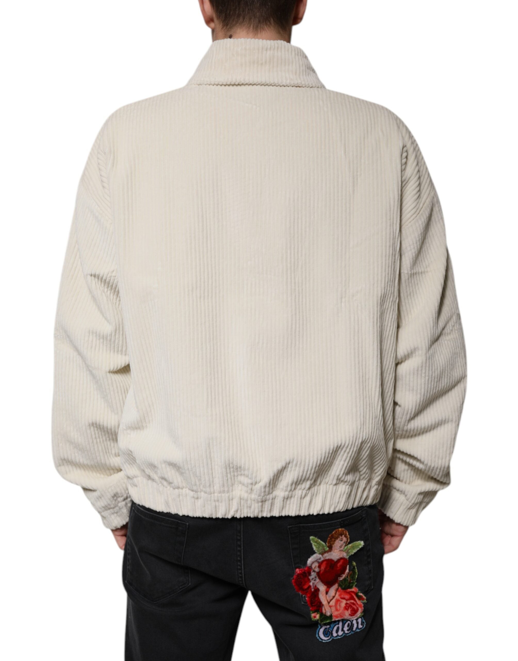 Dolce & Gabbana Beige Logo-Appliqué Cotton Corduroy Zip-Up Jacket