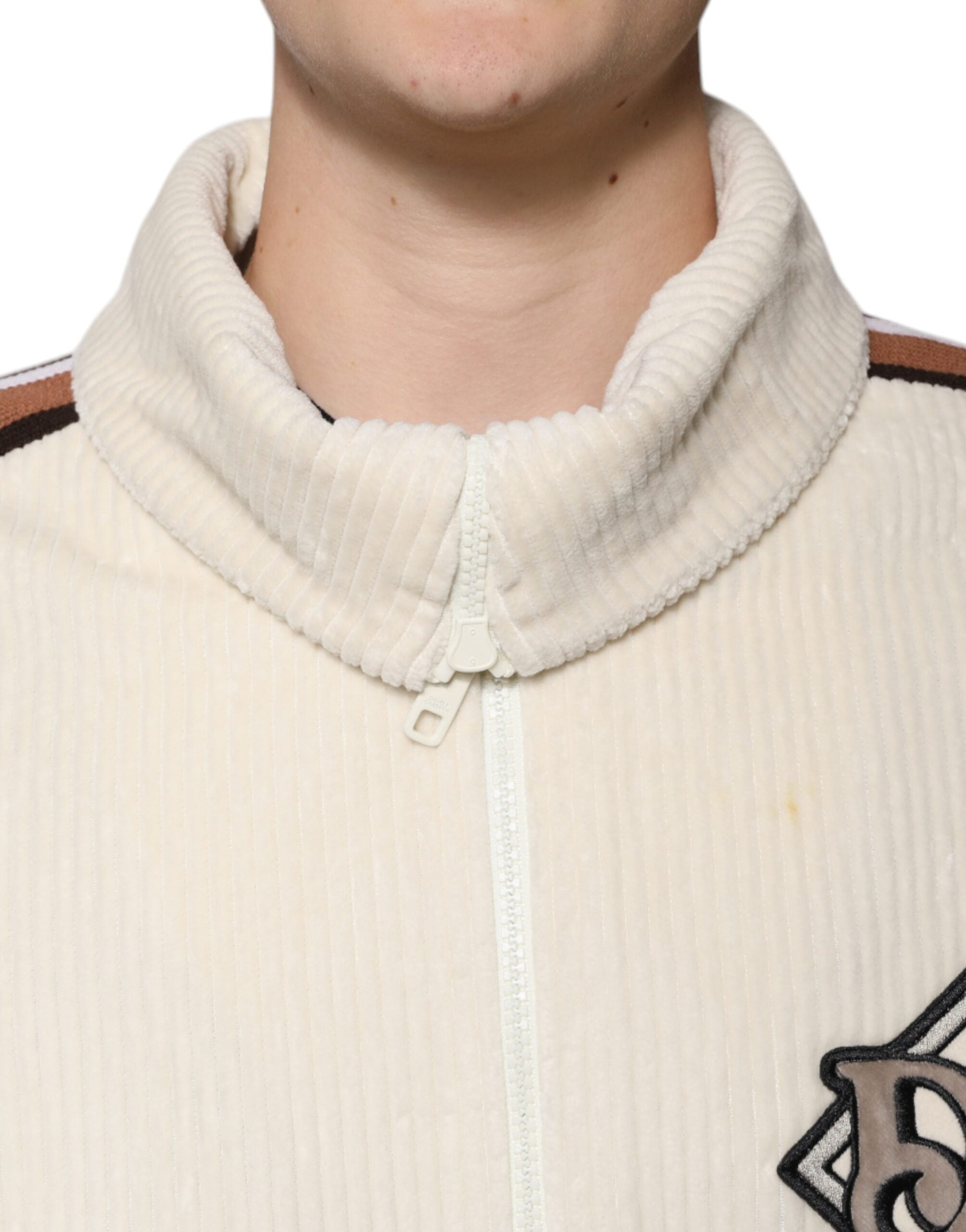 Dolce & Gabbana Beige Logo-Appliqué Cotton Corduroy Zip-Up Jacket