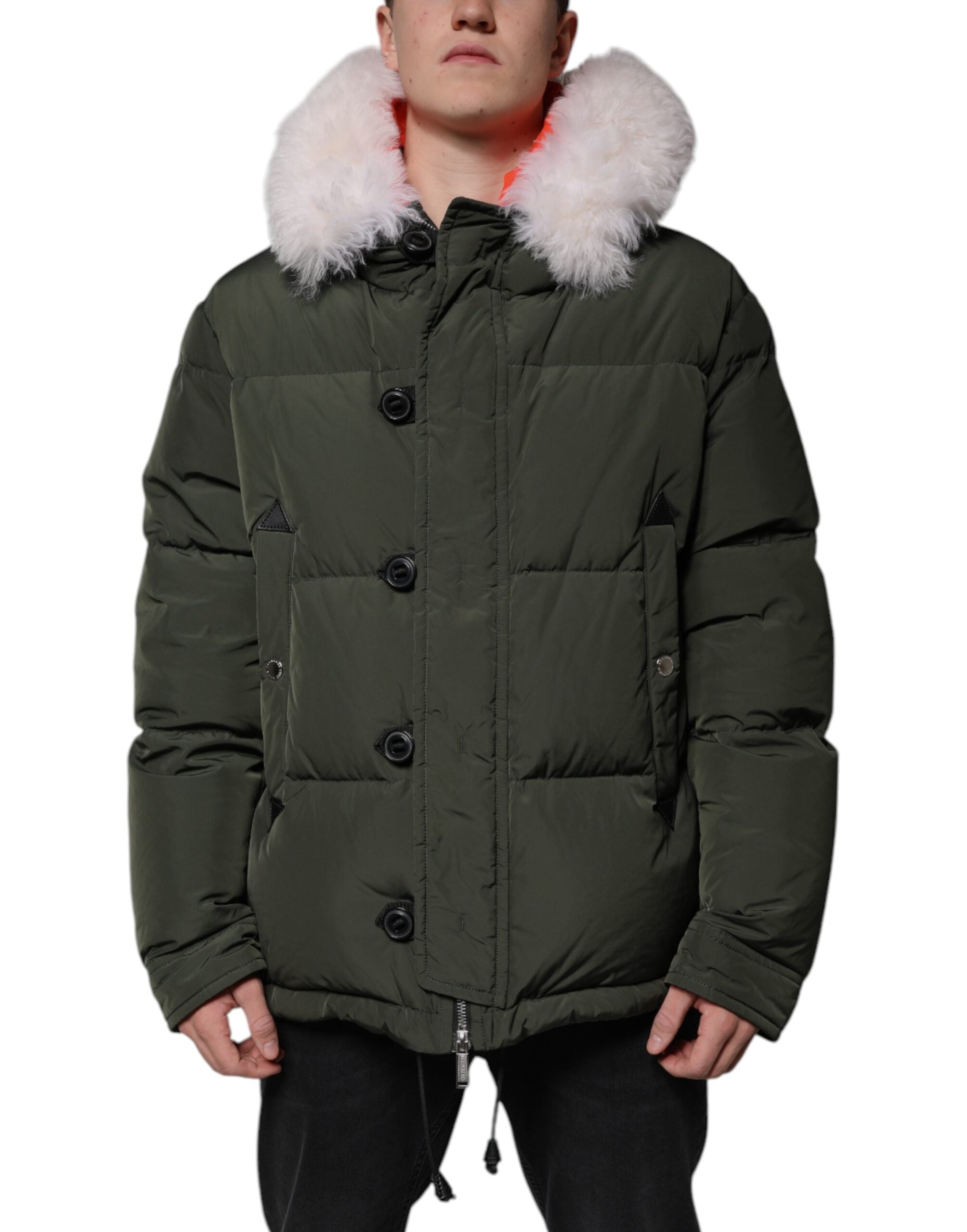 Dsquared² Green Hooded Long-Sleeve Jacket in Fur and Shearling