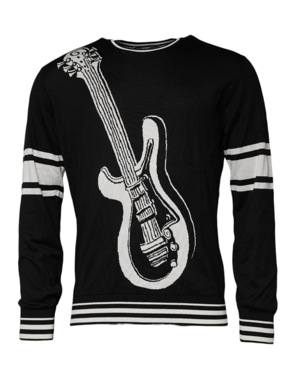 Dolce & Gabbana Black White Guitar Silk Crew-Neck Sweater
