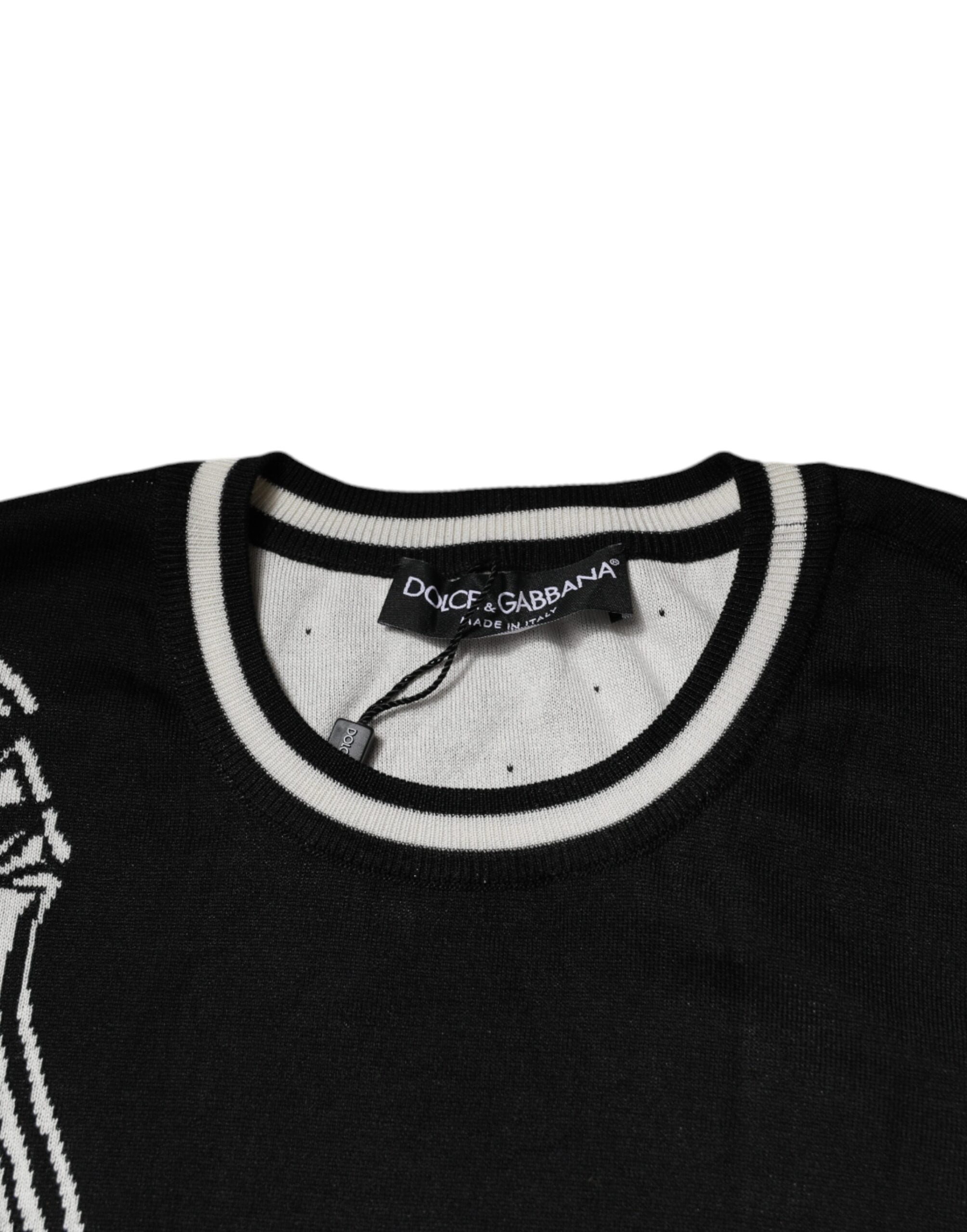 Dolce & Gabbana Black White Guitar Silk Crew-Neck Sweater
