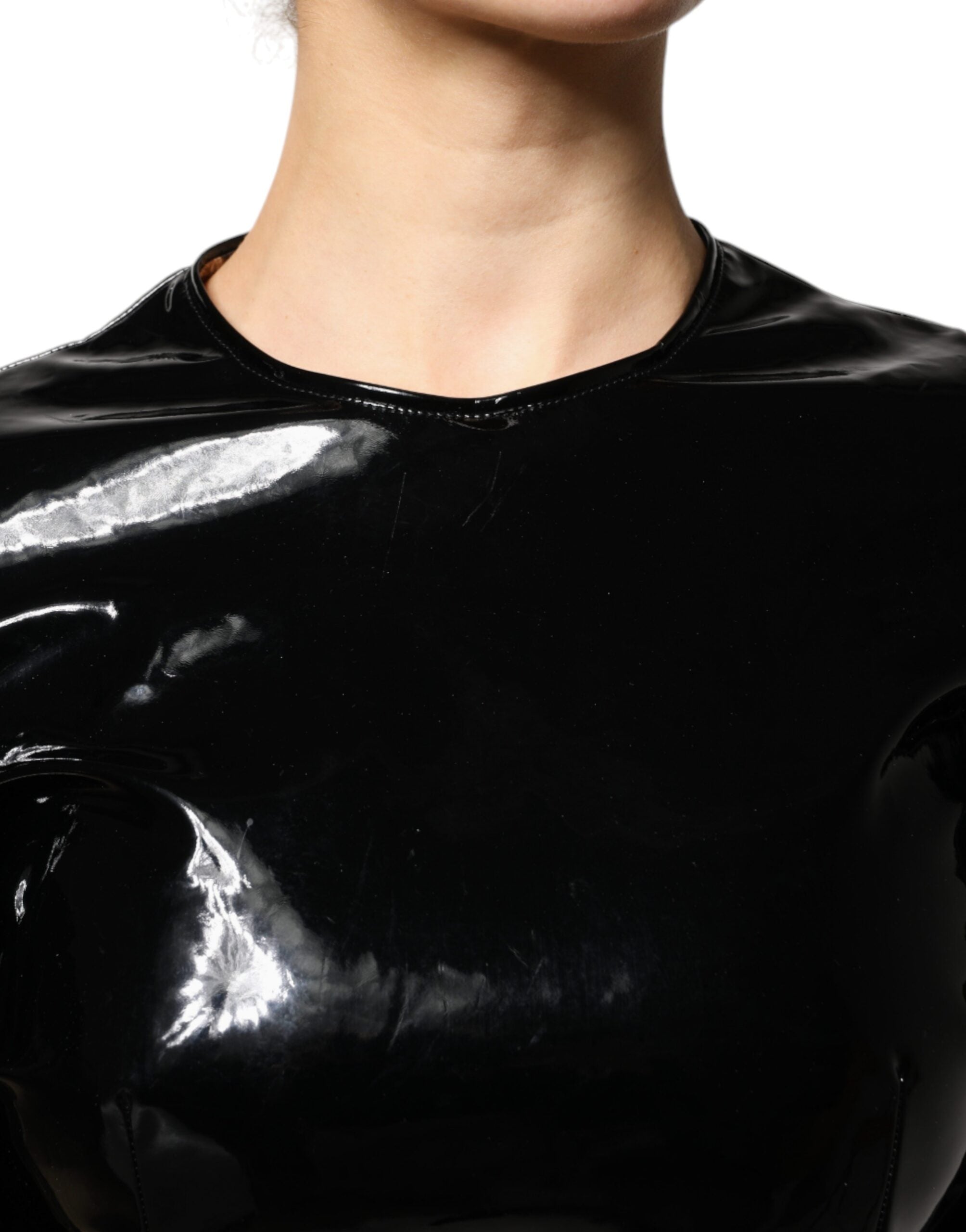 Dolce & Gabbana Black Patent Leather Mini Dress with Puff Sleeves