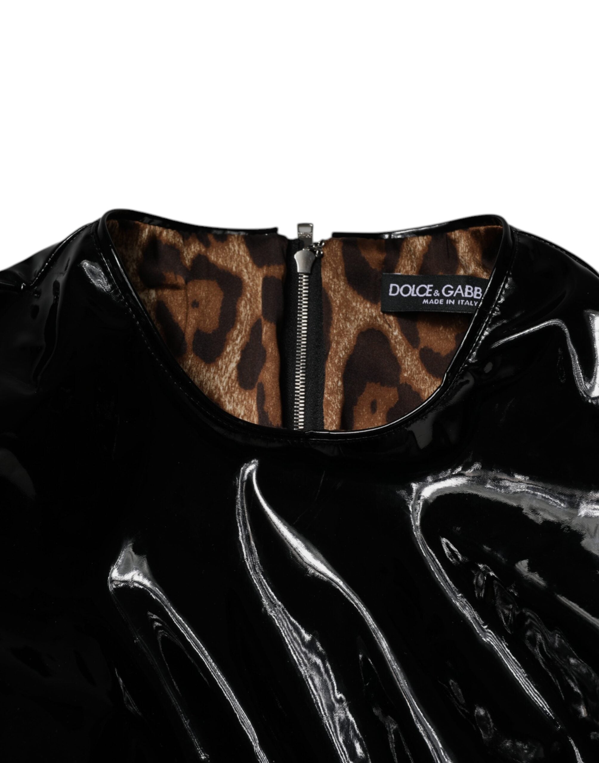 Dolce & Gabbana Black Patent Leather Mini Dress with Puff Sleeves