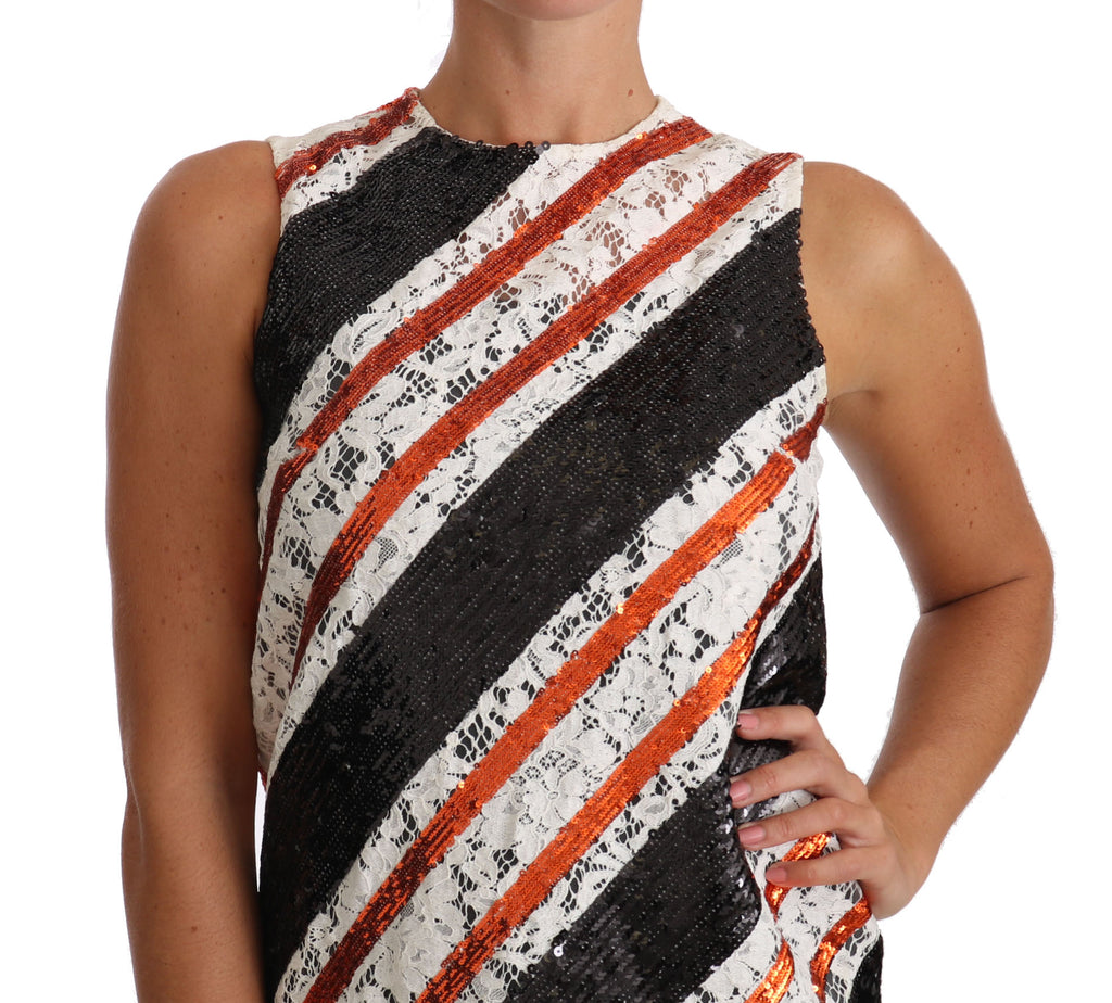 Dolce & Gabbana White and Orange Sequin Dress with Floral Lace and Embellishments