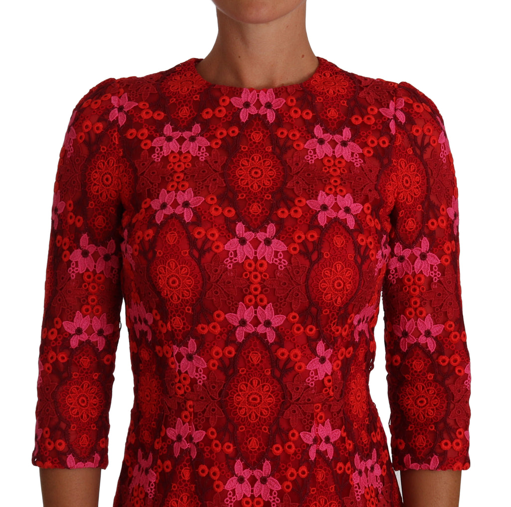 Dolce & Gabbana Floral Crocheted Lace Dress in Red-Pink