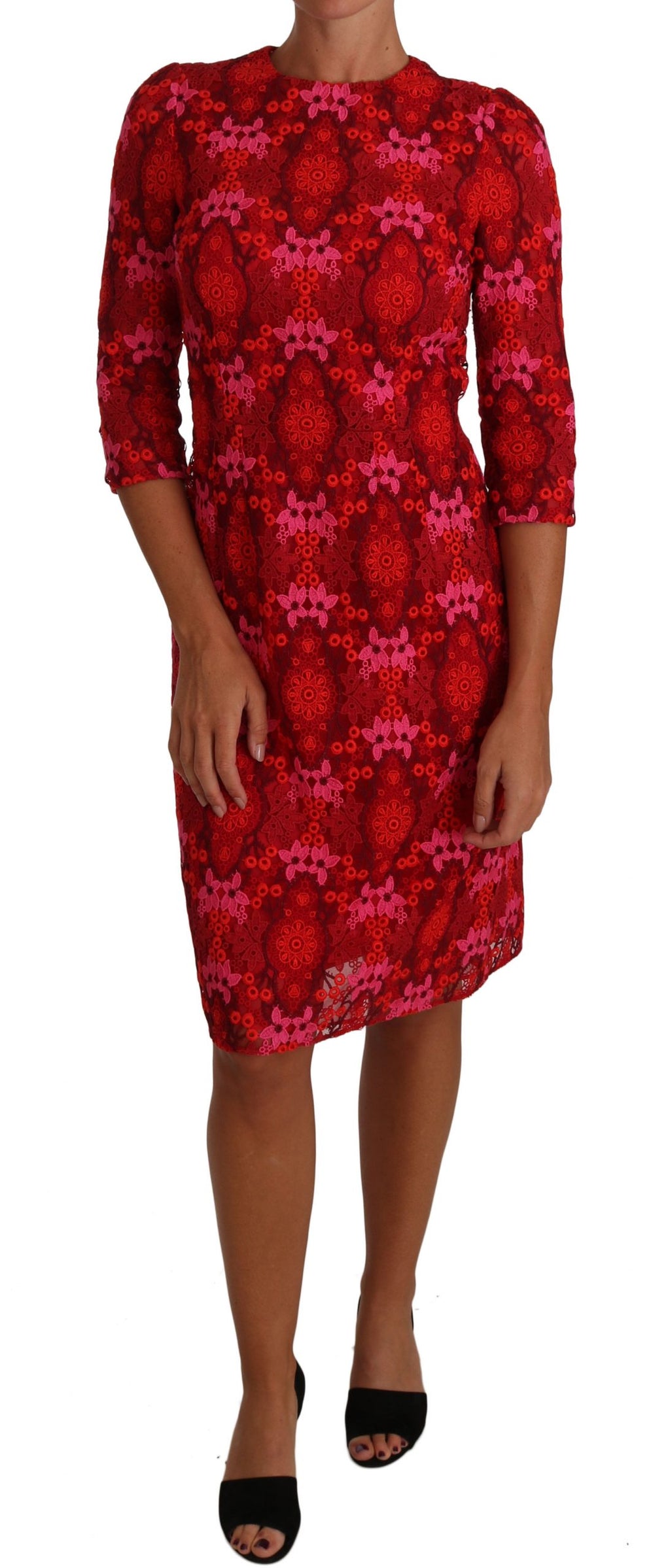 Dolce & Gabbana Floral Crocheted Lace Dress in Red-Pink