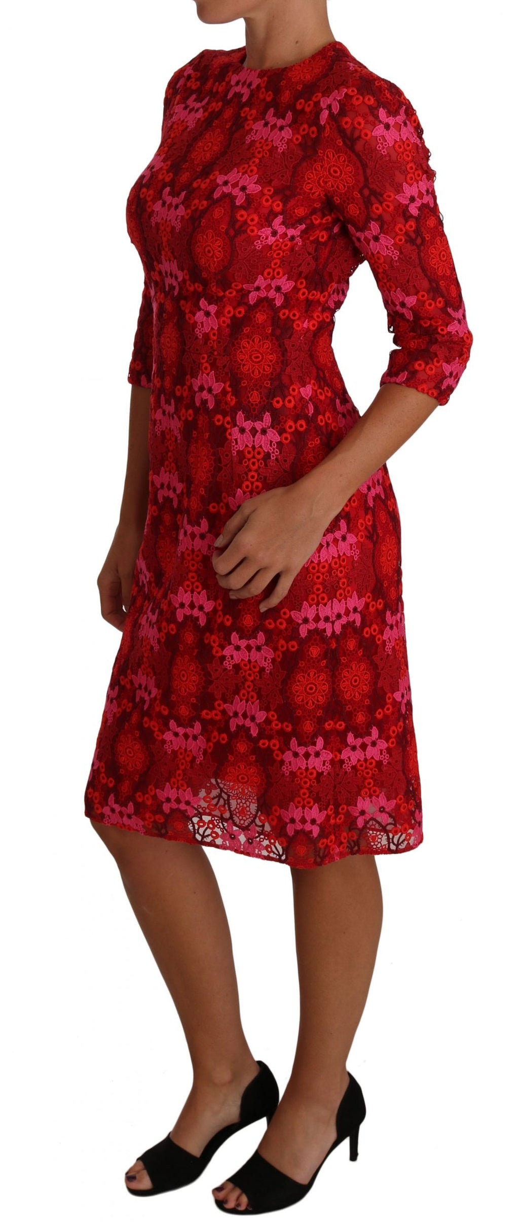 Dolce & Gabbana Floral Crocheted Lace Dress in Red-Pink