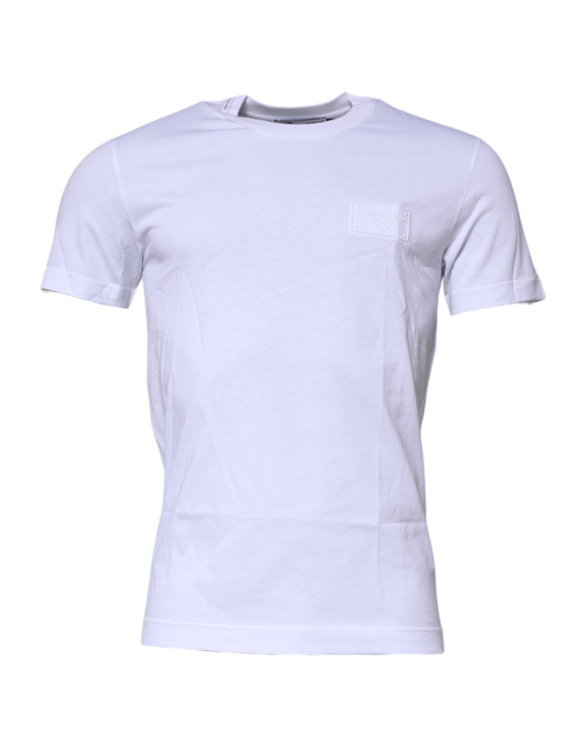 Dolce & Gabbana White Logo Plaque Cotton Crew Neck T-Shirt