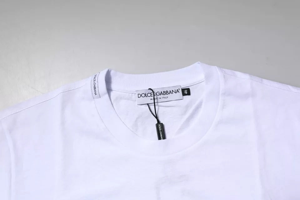 Dolce & Gabbana White Logo Plaque Cotton Crew Neck T-Shirt