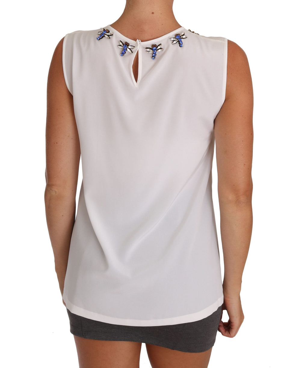 Dolce & Gabbana Weißes Seiden-T-Shirt mit Kristallverzierung und Fliege