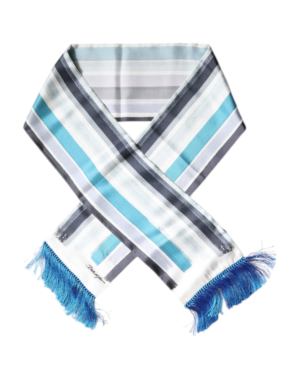 Dolce & Gabbana White-Blue Striped Silk Fringe Wrap Scarf