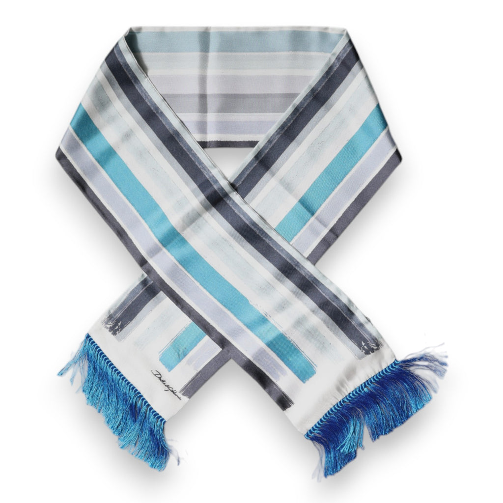 Dolce & Gabbana White-Blue Striped Silk Fringe Wrap Scarf