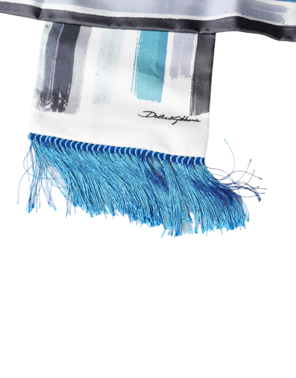 Dolce & Gabbana White-Blue Striped Silk Fringe Wrap Scarf