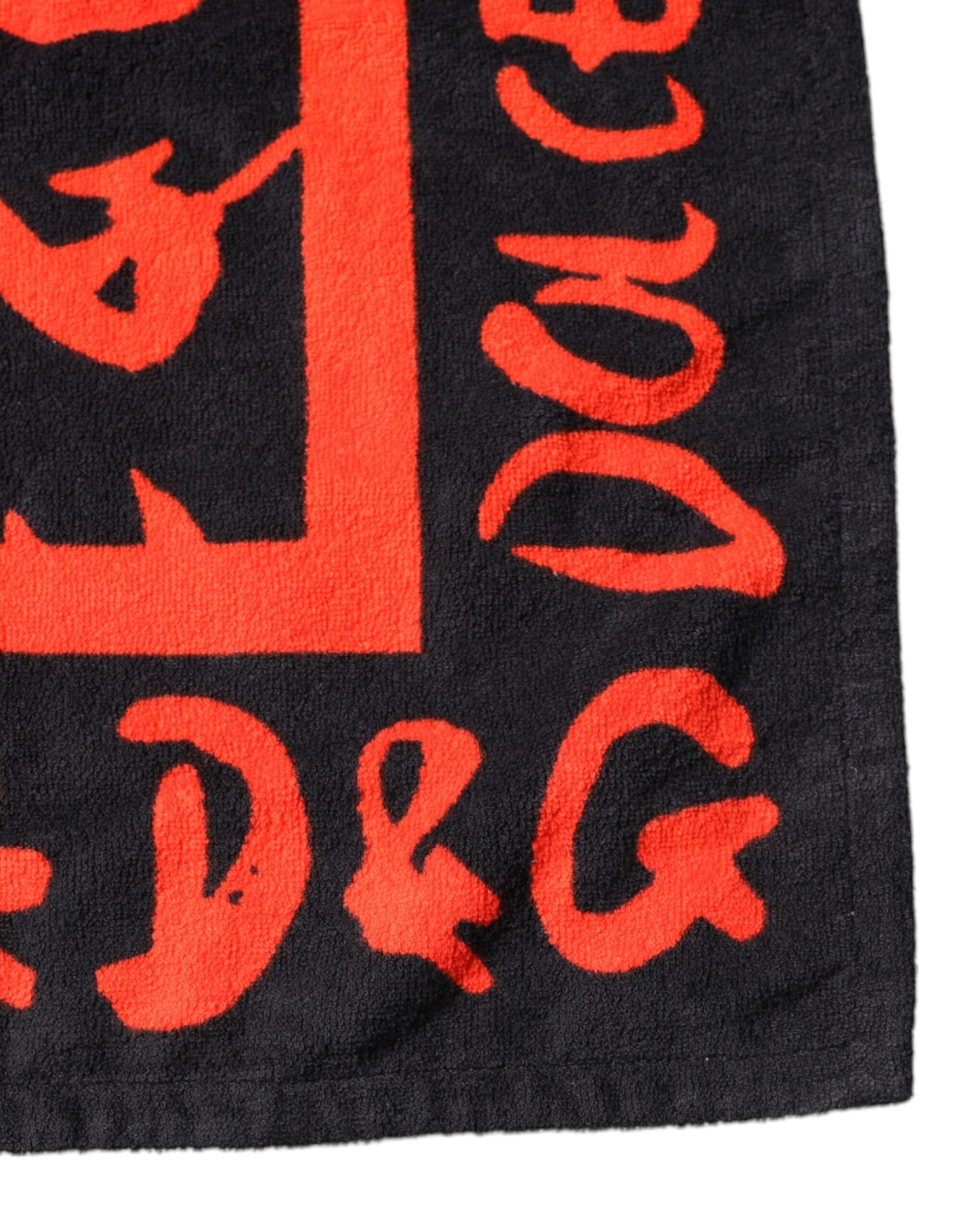 Dolce & Gabbana Schwarz-Rot Logo Print Baumwolle Strandtuch