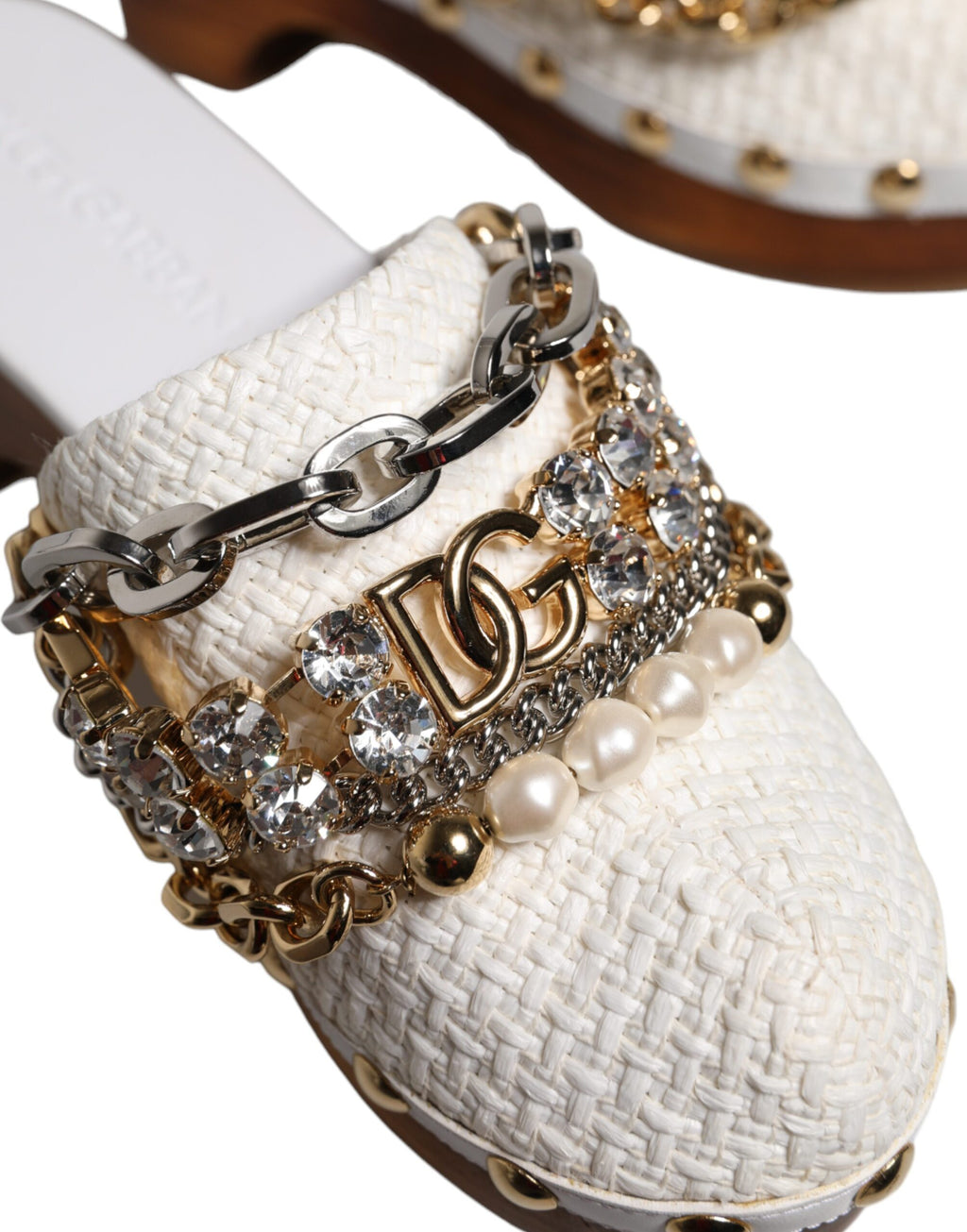 Dolce & Gabbana Weiß Raffia Clogs Bejeweled Kette Sandalen Schuhe