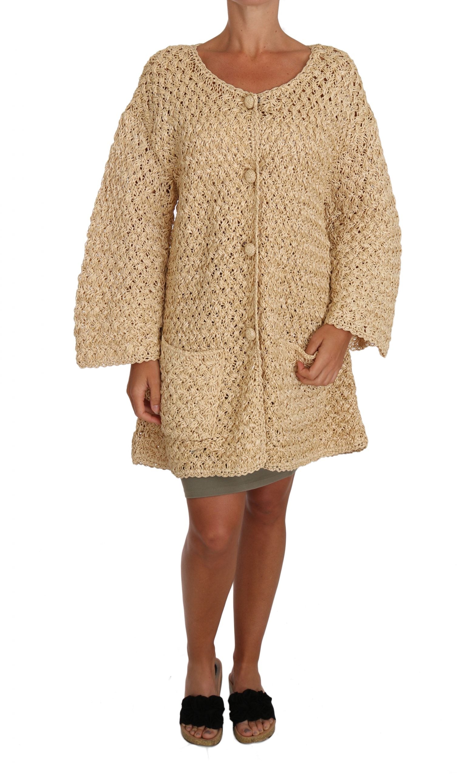 Dolce & Gabbana Beige Crocheted Knitted Raffia Cardigan